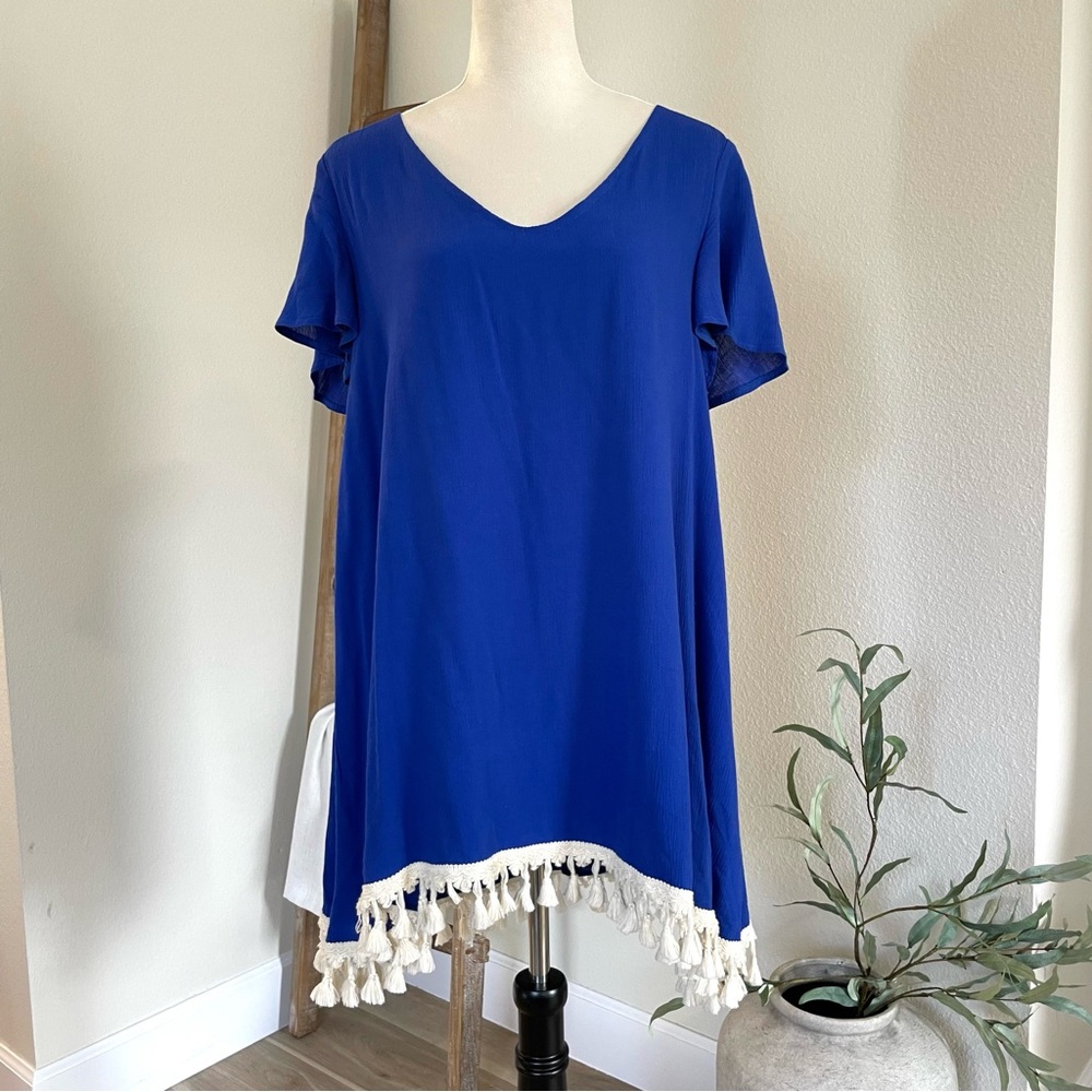 Judith March Royal Blue Short Sleeve Tasseled Mini/Midi Dress